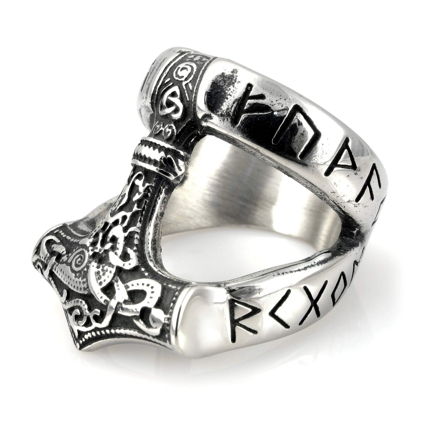 URBANTIMBER Edelstahl Wikinger Ring Thor's Hammer mit Futhark Runen