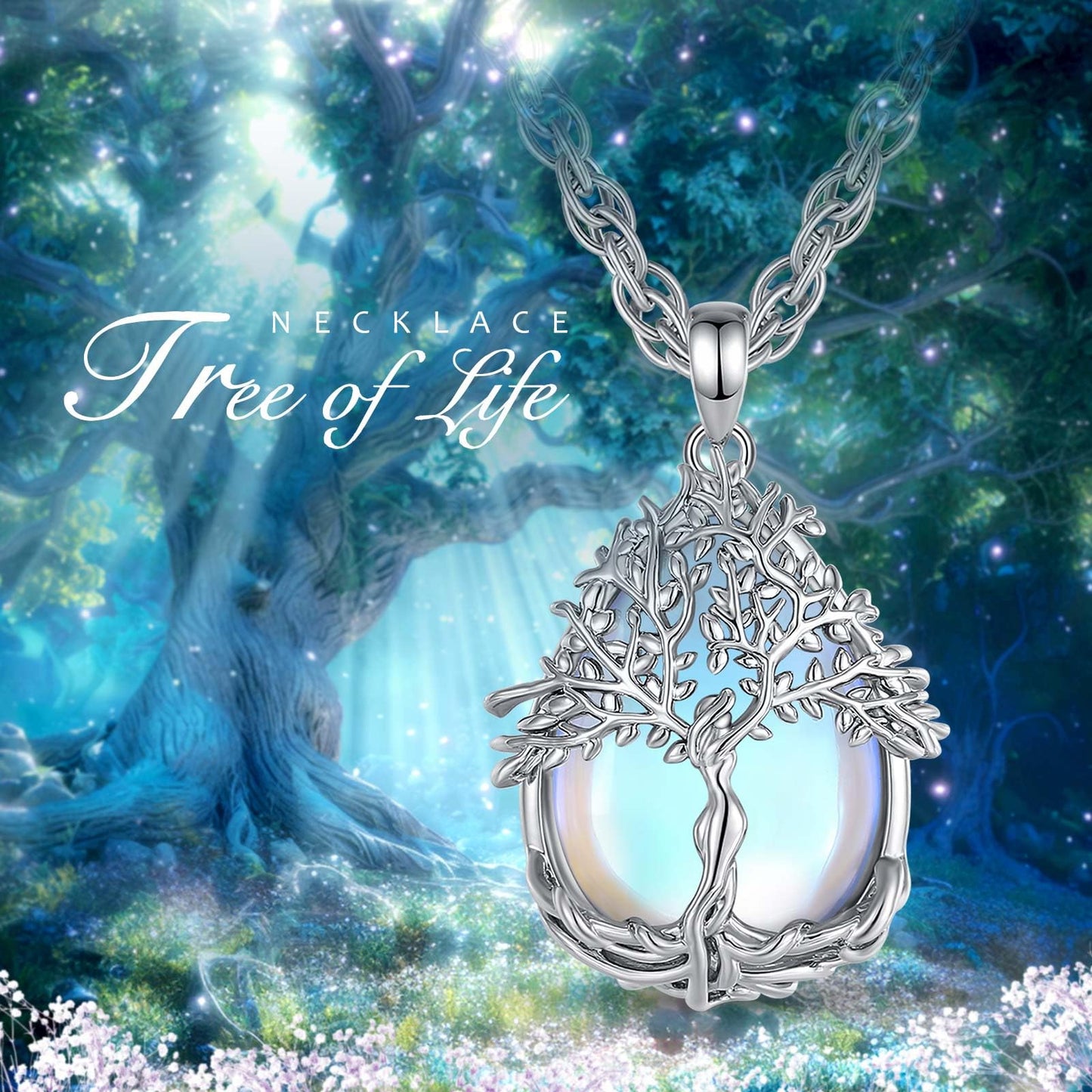 EDERSEENSUCHT - AEONSLOVE Lebensbaum Kette mit Kristall, Baum des Lebens Mondstein Halskette für Damen Türkis Amethyst Anhänger Obsidian Malachit Stein Kette Heilsteine Schmuck