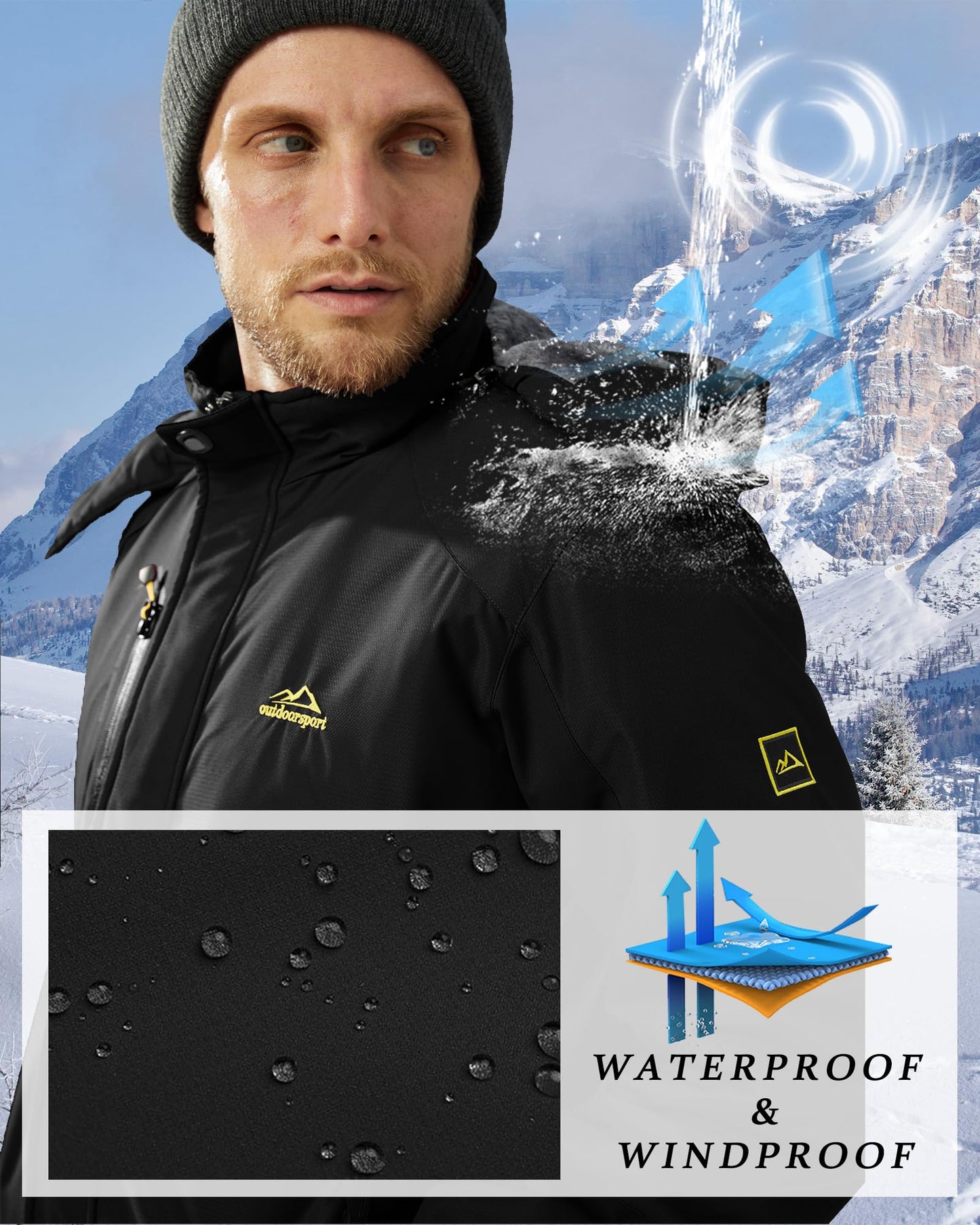 KEFITEVD Snowboardjacke Herren Warm Gefüttert Skijacke Wasserdicht Softshell Jacke mit Kapuze Fleece Winterjacke Atmungsaktiv Funktionsjacke