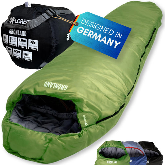EXPLORER® GRÖNLAND Schlafsack -23°C -5°C [350GSM] 3-4 Jahreszeiten Winter Mumienschlafsack Erwachsene[1900g] 230x82x55cm ideal für Outdoor, Camping, Trekking und Reisen