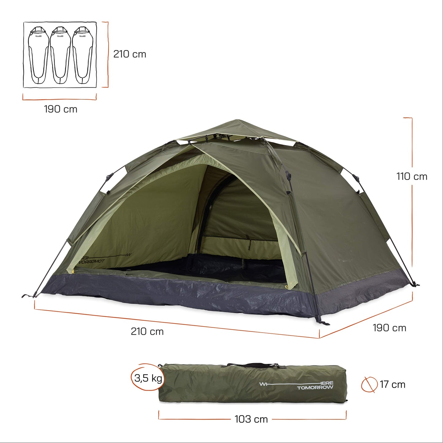 Lumaland Camping Zelt | Leichtes Pop Up Wurfzelt | 2-3 Personen Kuppelzelt | Trekking & Festival Igluzelt | Sekundenzelt Wasserdicht 210x190x110cm | Wind- & Sonnenschutz | Mit 1 & 2 Eingängen