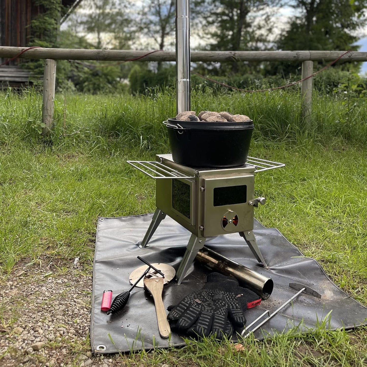 CampFeuer Edelstahl Zeltofen | 51,5 x 42 x 216 cm | silber | Tragbarer Holzofen für Camping, Outdoor, Zelt | Zeltheizung Camping, Zeltofen Holz, Tent Stove, Zelt Ofen Outdoor