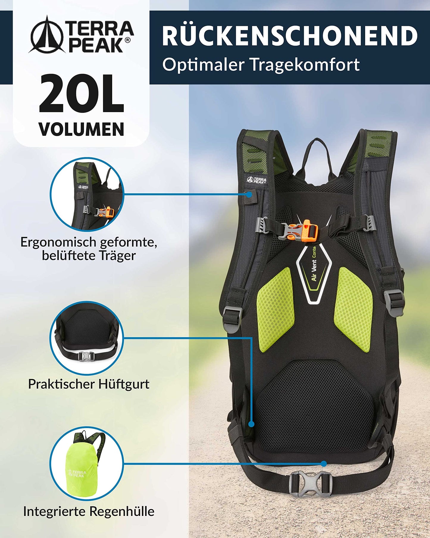 ELB walk Terra Peak Wanderrucksack 20L Active 20 Premium (klein) Trekkingrucksack mit Rückenbelüftung, Regenschutz-hülle & Trinksystem-Halterung, aus atmungsaktivem 3D Air Mesh, Outdoor Daypack mit Hüftgurt