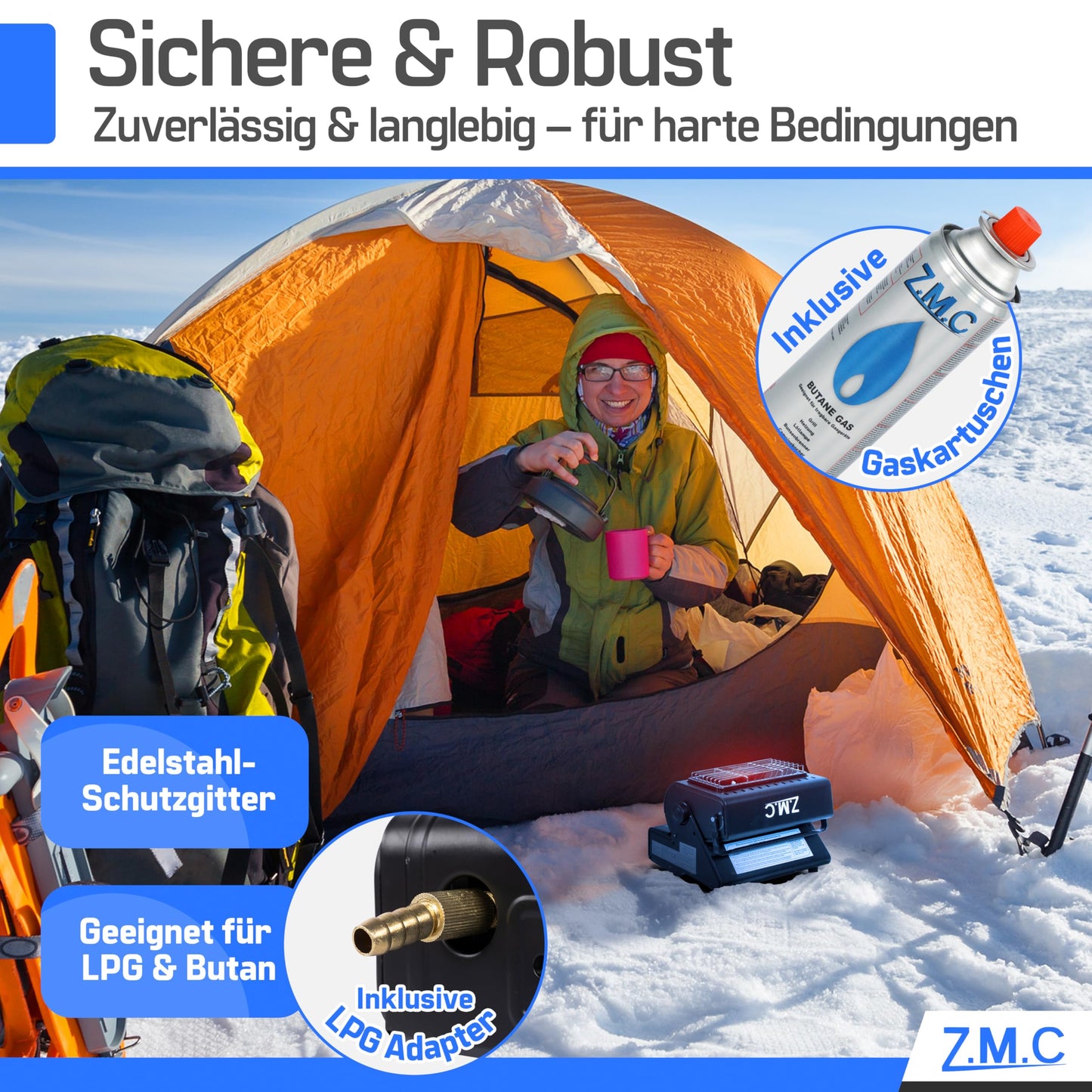 Z.M.C 2-in-1 Tragbare Keramik Gasheizung und Gaskocher 1,3 kW, mit LPG Anschluss + 4 Gaskartuschen, Campingkocher mit Piezozündung, Camping Heizung, Gasheizer für Indoor, Outdoor, Zelten Wohnwagen