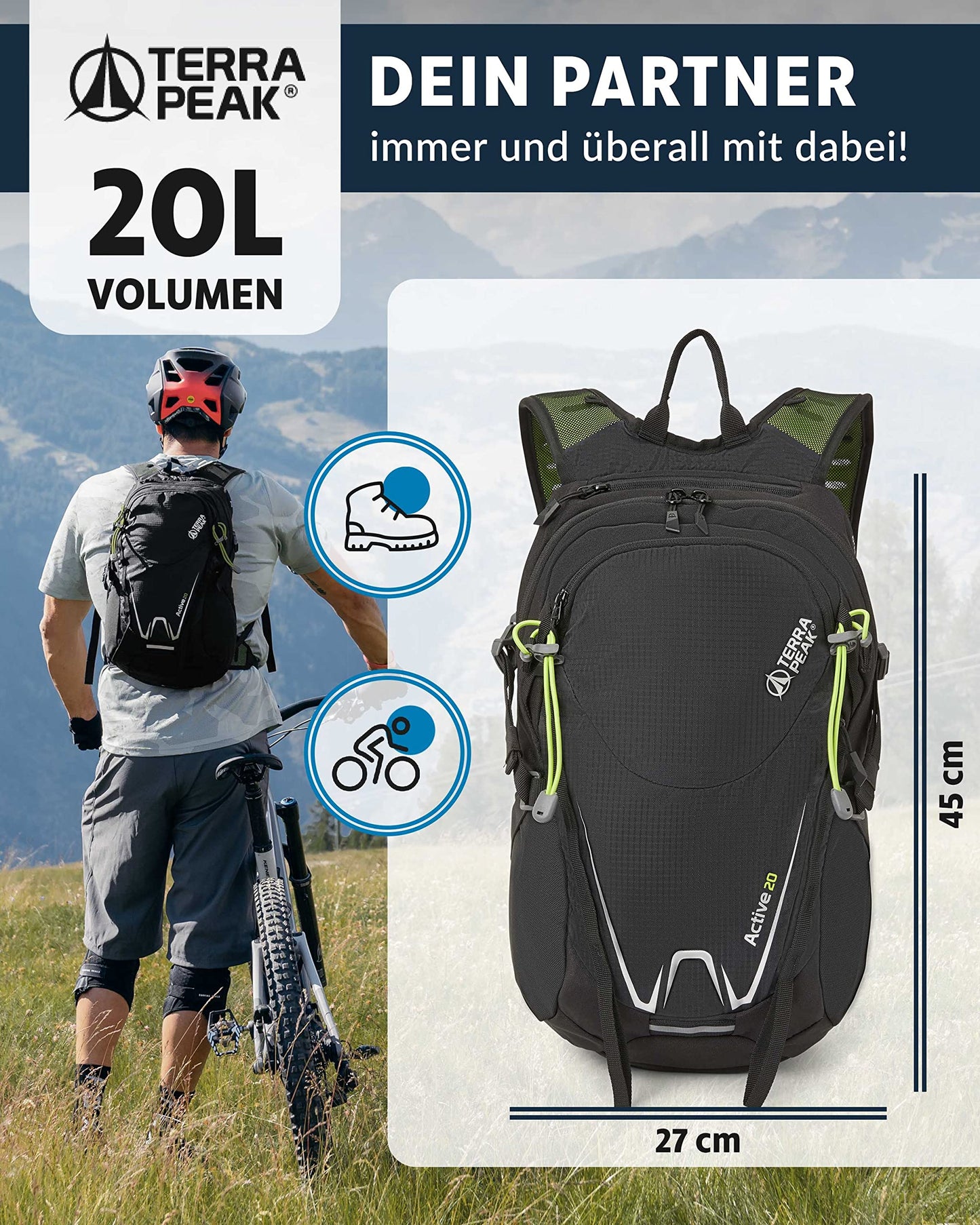 ELB walk Terra Peak Wanderrucksack 20L Active 20 Premium (klein) Trekkingrucksack mit Rückenbelüftung, Regenschutz-hülle & Trinksystem-Halterung, aus atmungsaktivem 3D Air Mesh, Outdoor Daypack mit Hüftgurt
