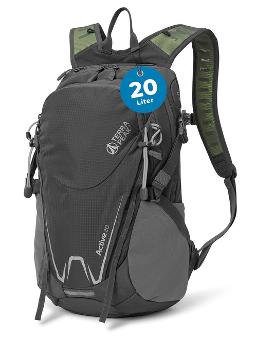 ELB walk Terra Peak Wanderrucksack 20L Active 20 Premium (klein) Trekkingrucksack mit Rückenbelüftung, Regenschutz-hülle & Trinksystem-Halterung, aus atmungsaktivem 3D Air Mesh, Outdoor Daypack mit Hüftgurt