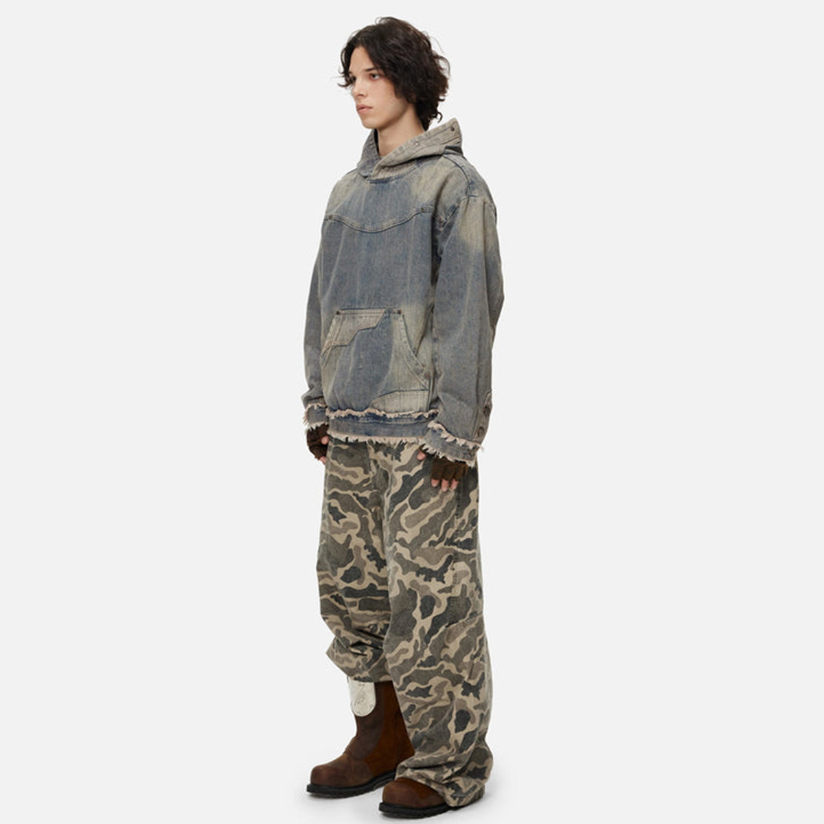 WACOON Jeans Hoodie Unisex Washed Distressed Fuzzy Denim Hoodie